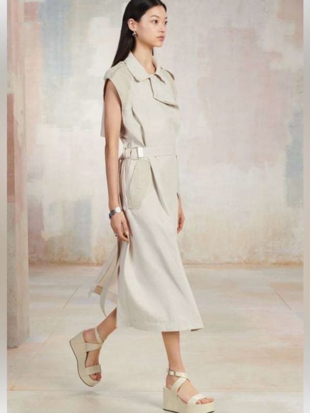 Zara SRPLS DRSS PLN 10 Cream Sleeveless Midi Utility Dress with Belt - Picture 3 of 7